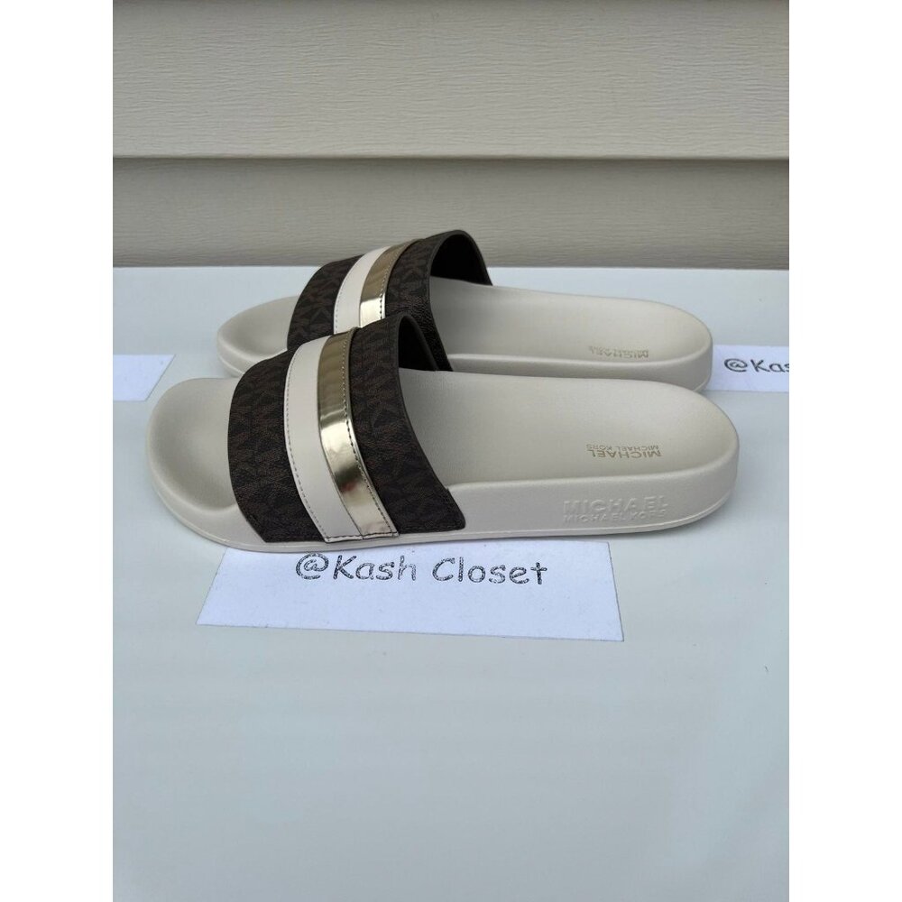 Michael Kors slide brandy metallic striped logo sandal size 8 - Picture 2 of 4